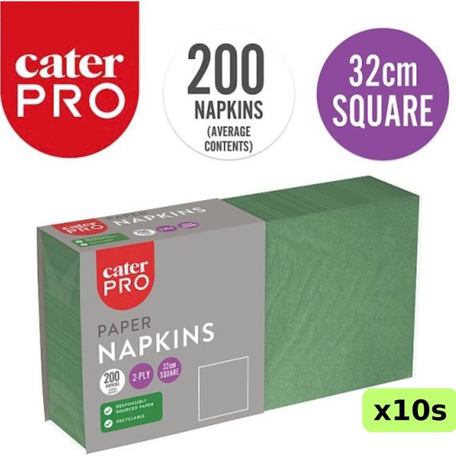 CaterPro green 2-ply paper napkins, wholesale case of 10 packs containing 200 napkins each, 32cm square