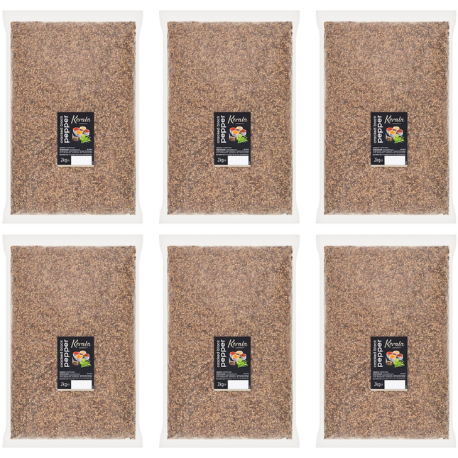 Kerala Cracked Black Pepper wholesale case containing 6 x 2kg packs of coarse cracked black pepper