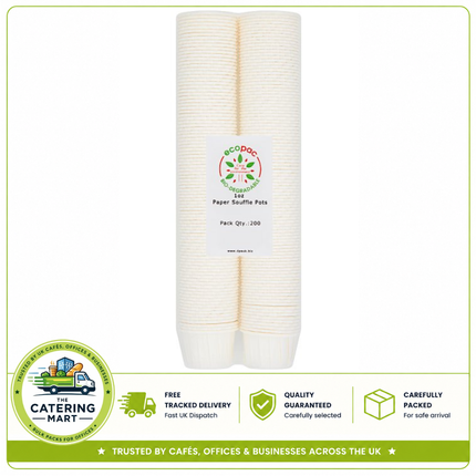 Ecopac 200 paper souffle pots for sauces, dips, dressings and takeaway food packaging