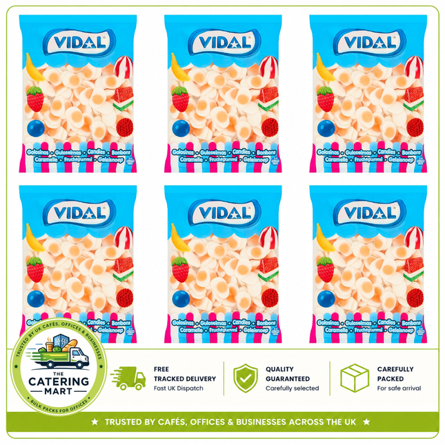 Vidal Fried Eggs wholesale case containing 6 x 1kg bags of colourful soft foam egg-shaped sweets