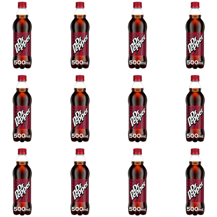 Dr Pepper sparkling soft drink wholesale case containing 12 x 500ml bottles.
