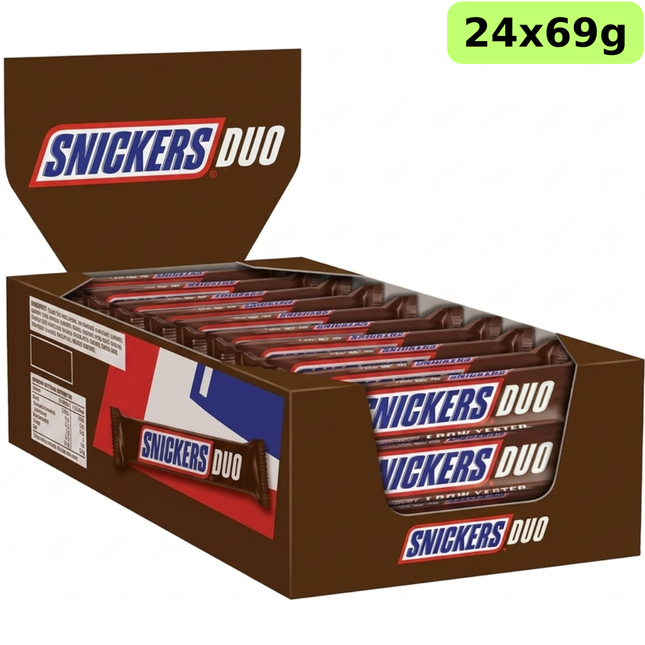 Snickers Duo Peanut and Caramel Chocolate Bars 69g in a wholesale case of 24 packs