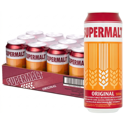 Supermalt Original Malt Drink wholesale case containing 12 bottles of 500ml.