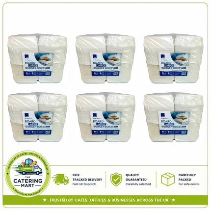 600 large 140 x 130 x 75mm burger boxes supplied in 6 packs of 100 for wholesale takeaway and catering packaging
