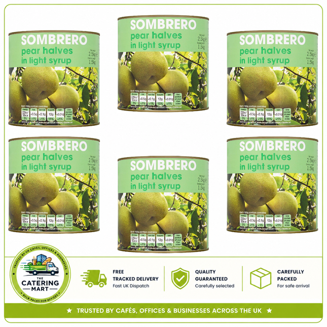 Sombrero Pear Halves in Light Syrup wholesale case containing 6 x 2.5kg cans
