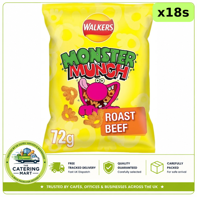Walkers Monster Munch Roast Beef Crisps wholesale case containing 18 x 72g individual snack packs