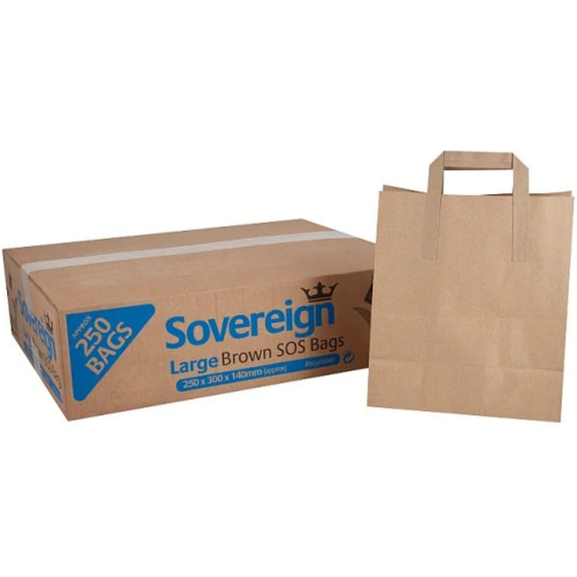 Sovereign large brown block bottom takeaway food bags, 250 pack, for wholesale food packaging and catering businesses.