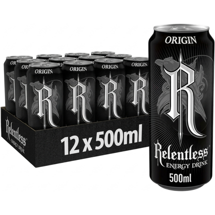 Relentless Origin Energy Drink 500ml cans, wholesale case of 12.