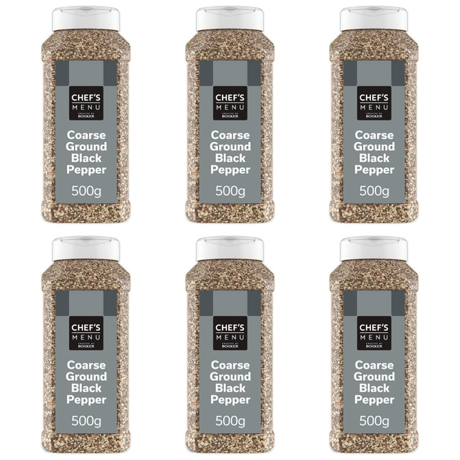 Chef's Menu Coarse Ground Black Pepper wholesale case containing 6 x 500g packs of coarse ground black pepper