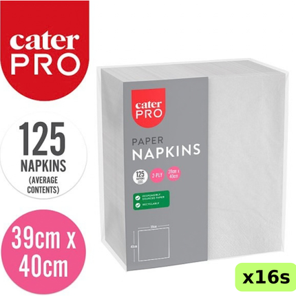 CaterPro white 2-ply paper napkins, wholesale case of 16 packs containing 125 napkins each