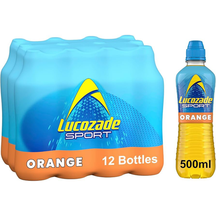 Lucozade Sport Orange wholesale case containing 12 x 500ml bottles of orange-flavoured sports drink.