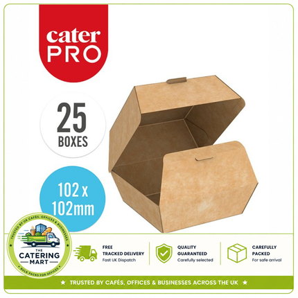 CaterPro 25 kraft burger boxes with hinged lids for wholesale takeaway burger packaging
