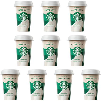 Starbucks Caffè Latte ready-to-drink iced coffee wholesale case containing 10 x 220ml bottles.