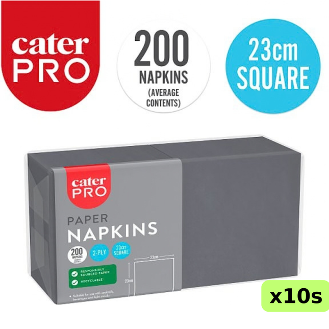 CaterPro black 2-ply paper napkins, wholesale case of 10 packs containing 200 napkins each, 23cm square