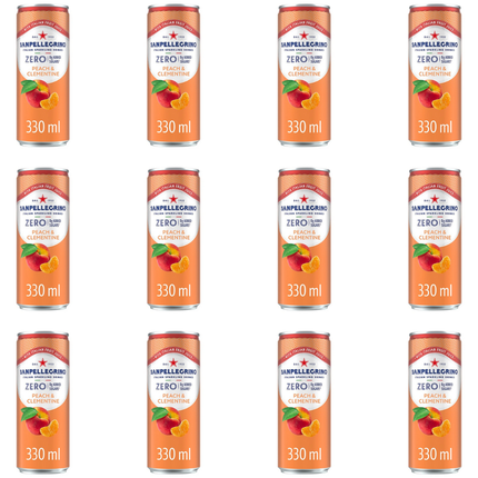 San Pellegrino Zero Peach & Clementine sparkling soft drink wholesale case containing 12 x 330ml cans.
