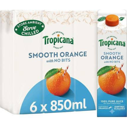 Tropicana Smooth Orange Fruit Juice wholesale case of 6 x 850ml bottles.