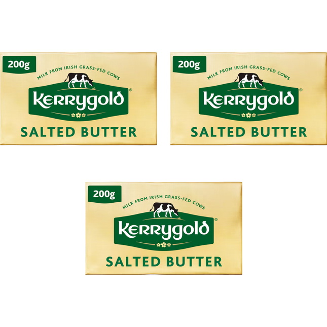 Kerrygold Irish Grass-Fed Salted Butter 3 x 200g premium Irish butter blocks for cooking baking and catering