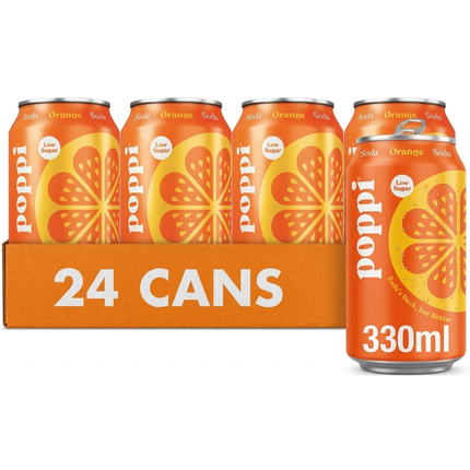 poppi Orange sparkling low-sugar soft drink with added fibre in a wholesale case of 24 x 330ml cans.