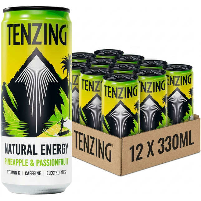 TENZING Natural Energy Pineapple & Passionfruit 330ml cans, wholesale case of 12.