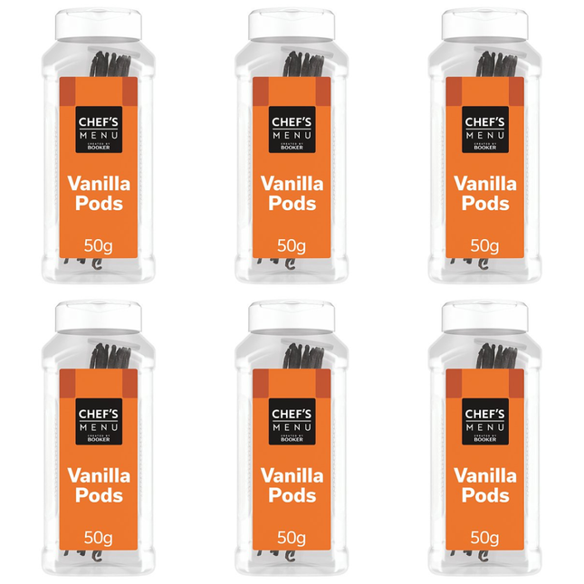Chef's Menu Vanilla Pods wholesale case containing 6 x 50g catering packs