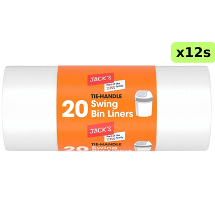 Jack's Tie Handle Swing Bin Liners wholesale case containing 12 rolls of 20 refuse bags