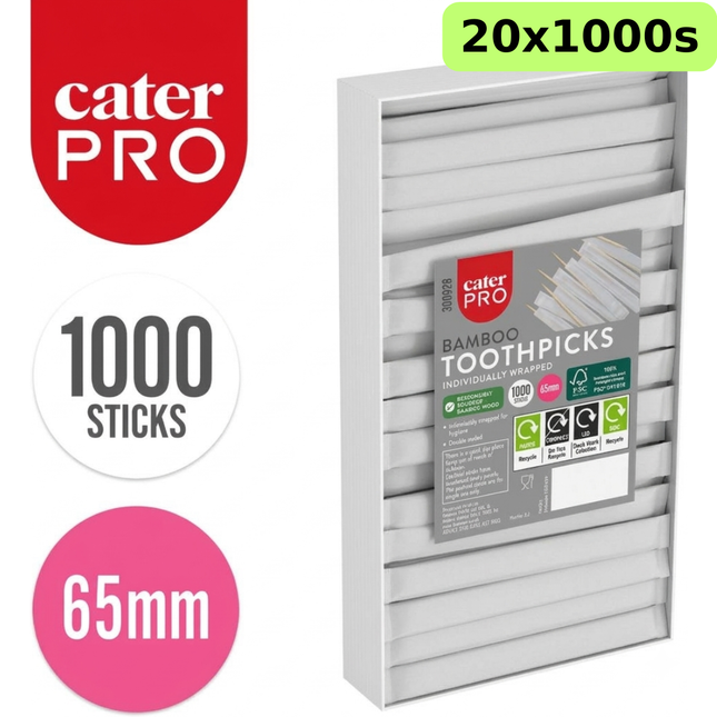 CaterPro wholesale case of 20 packs containing 1,000 individually wrapped 65mm bamboo toothpicks per pack, 20,000 toothpicks in total.