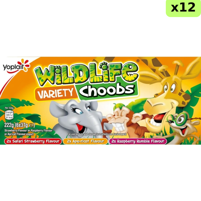 Wildlife Choobs kids strawberry, raspberry and apricot yoghurt tubes, 12 multipacks of 6 x 37g