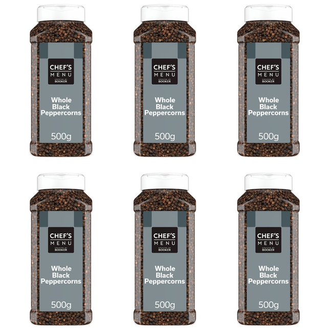 Chef's Menu Whole Black Peppercorns wholesale case containing 6 x 500g packs of whole black peppercorns
