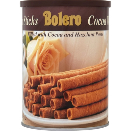 Bolero Cocoa Wafer Sticks 400g pack of crispy rolled wafer biscuits filled with smooth cocoa and hazelnut cream.