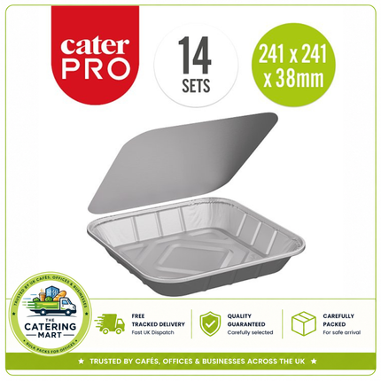 CaterPro 14 aluminium foil square trays 241 x 241 x 39mm with foil lined lids for wholesale catering packaging