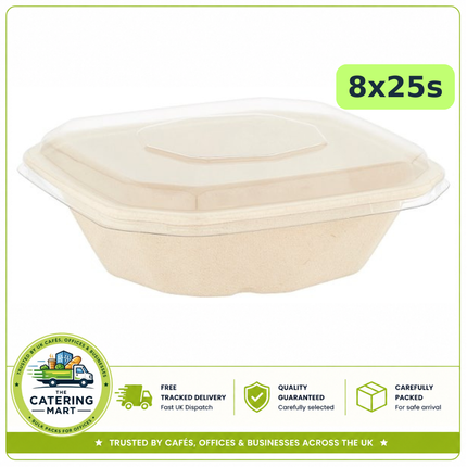 BioPak 750ml takeaway trays and lids wholesale case containing 8 packs of 25 sugarcane fibre food containers
