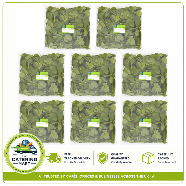 Farm Fresh Spinach wholesale case containing 8 x 250g packs of fresh tender spinach leaves