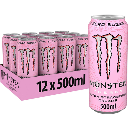 Monster Energy Ultra Strawberry Dreams Zero Sugar energy drink wholesale case containing 12 x 500ml cans.