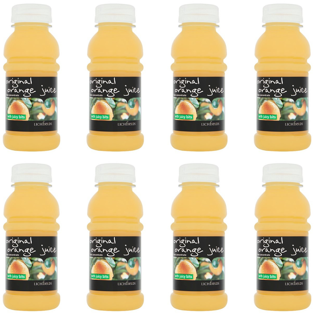 Lichfields Original Orange Juice from Concentrate wholesale case containing 8 bottles of 250ml orange juice with juicy bits.