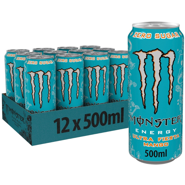 Monster Energy Ultra Fiesta Mango zero sugar energy drink wholesale case of 12 x 500ml cans.
