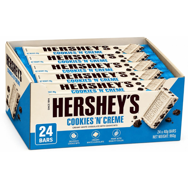 Hershey's Cookies & Cream Chocolate Bars 40g supplied in a wholesale case of 24 individually wrapped bars