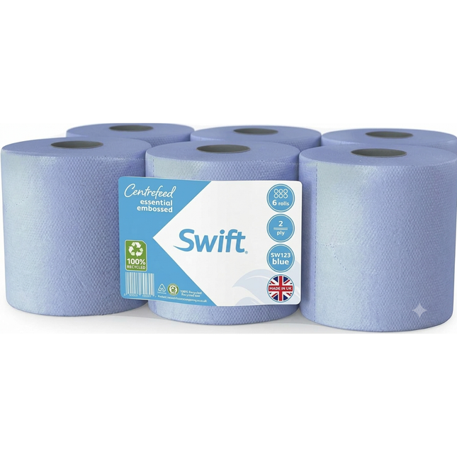 Swift Blue Roll 6-roll pack of blue centrefeed cleaning paper rolls for commercial kitchens and workplaces