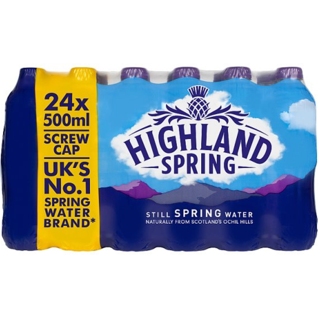 Highland Spring Still Spring Water wholesale case containing 24 x 500ml bottles of Scottish spring water.