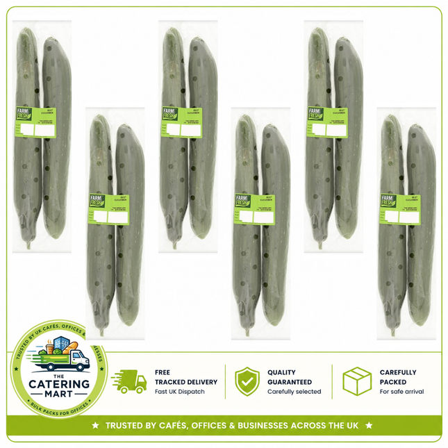 Farm Fresh Cucumbers wholesale case containing 6 packs of 2 fresh cucumbers, 12 cucumbers total