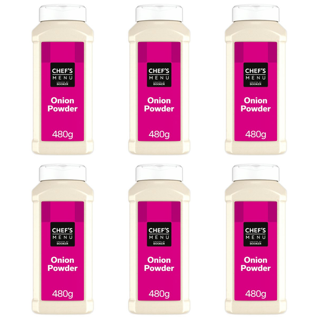 Chef's Menu Onion Powder wholesale case containing 6 x 480g packs of finely ground onion seasoning