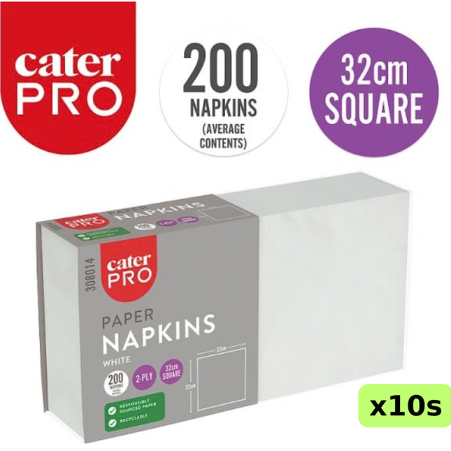 CaterPro white 2-ply paper napkins, wholesale case of 10 packs containing 200 napkins each, 32cm square