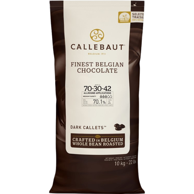 Callebaut Recipe 70-30-38 dark chocolate callets 10kg bag of Belgian couverture chocolate with 70.5% minimum cocoa solids.