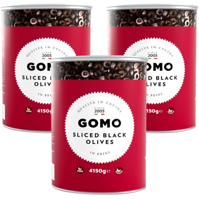Gomo Sliced Black Olives wholesale case containing 3 x 4150g catering jars