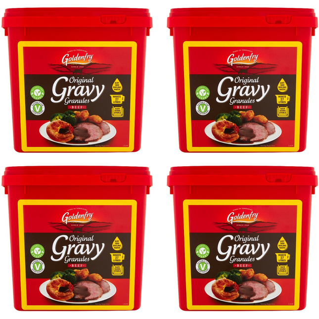 Goldenfry Original Gravy Granules Beef wholesale case containing 4 x 2kg packs of rich savoury beef gravy for roast beef, steaks, sausages, pies, chips and professional kitchens