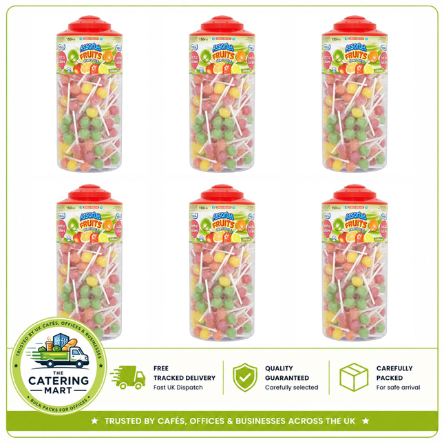 Vidal Lotta Lollies wholesale case containing 6 x 150-count packs of assorted fruit flavour lollipops