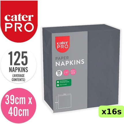 CaterPro black 2-ply paper napkins, wholesale case of 16 packs containing 125 napkins each