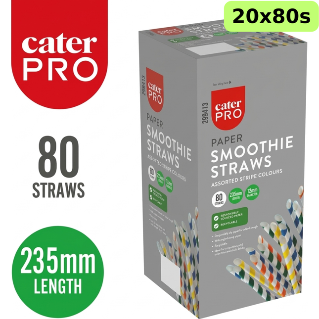 CaterPro wholesale case of 20 packs containing 80 assorted stripe jumbo paper smoothie straws per pack, measuring 235mm x 12mm.