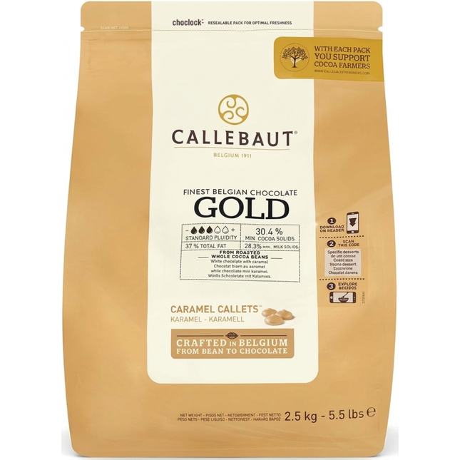 Callebaut Gold caramelised white chocolate callets 2.5kg bag of golden caramel-flavoured couverture chocolate.