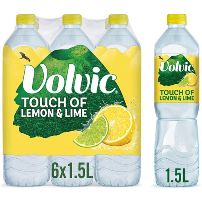 Volvic Touch of Fruit Lemon & Lime still flavoured water, wholesale case of 6 x 1.5L bottles.