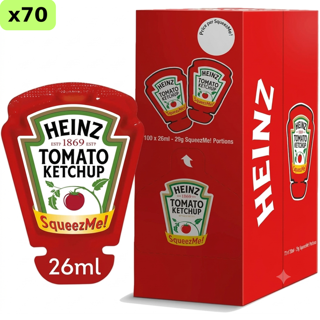 Heinz Tomato Ketchup SqueezMe Portions 70 x 26ml for catering takeaway and foodservice